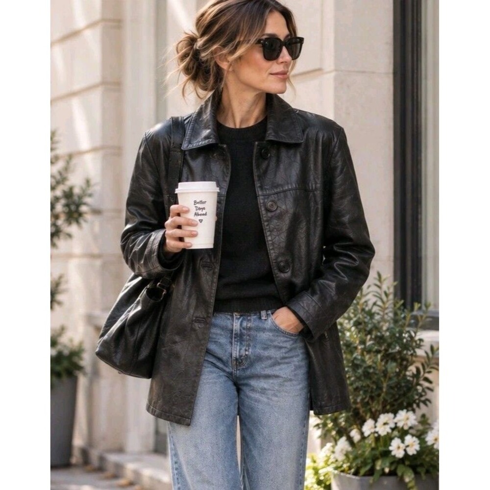 KC Collections Womens M Black Genuine Leather Coat Jacket Button Front Vintage